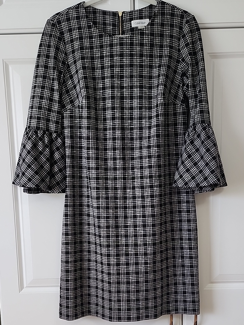 Calvin Klein Black and White Plaid Midi Dress with Bell Sleeves